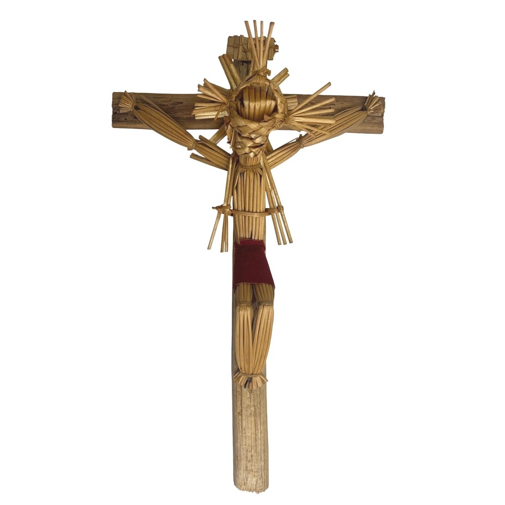 Woven Straw Raffia Folk Art Brutalist Cross Crucifixion Jesus Christ on Cross
